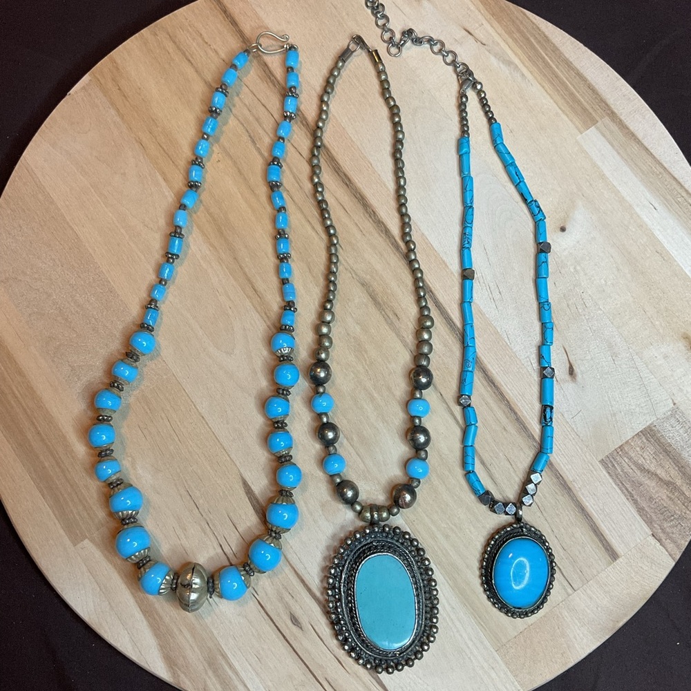 Vintage Turquoise Blue Glass Beaded Necklaces Collection bundle of 3.